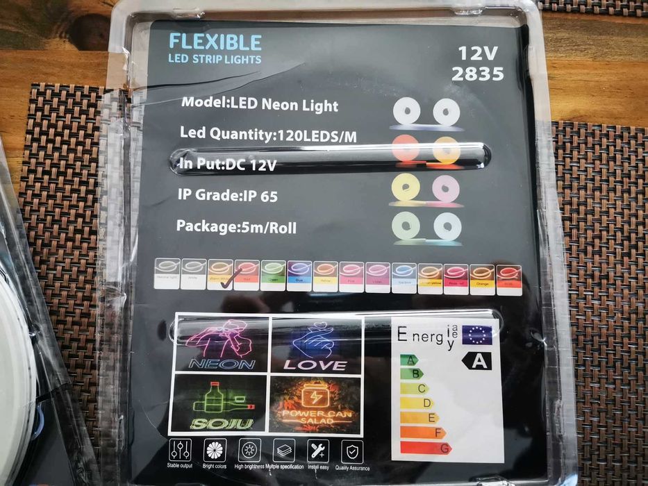 Banda led neon flexibila lumina alba calda 5 metri intrerupator sursa