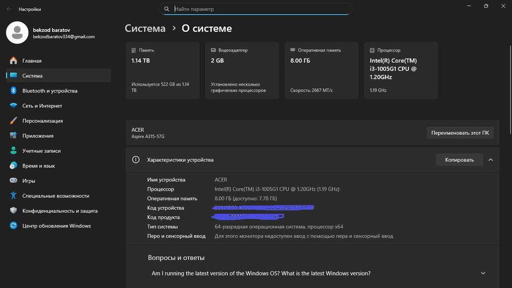 Noutbook Acer aspire 3 | 8RAM, 1TB HDD + 256GB SSD