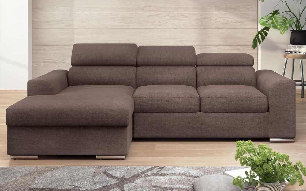 Чисто нов ъглов разтегателен диван с фунцкия сън и ракла,кафяв,ляв