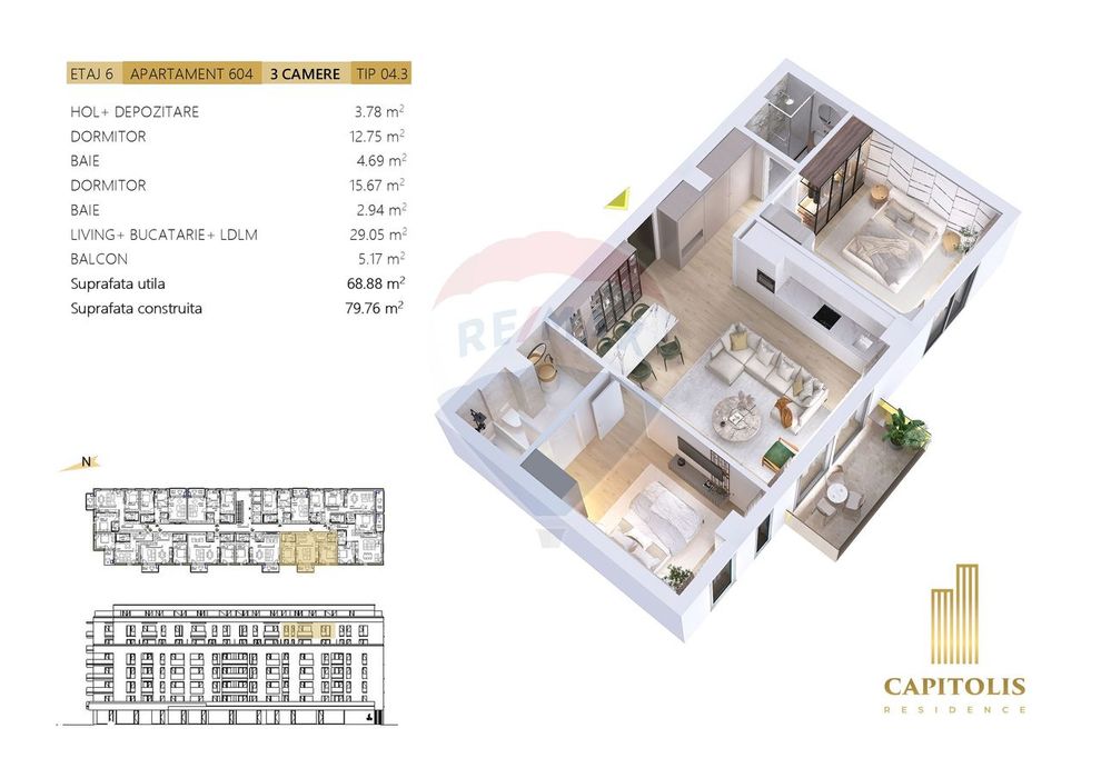 Apartament cu 3 camere, orientare V, etaj 6, Capitolis Residence