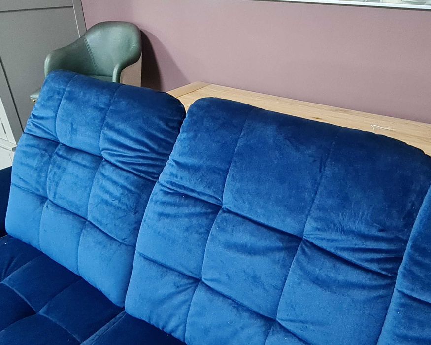 Син П образен ъглов диван от плат Nigrum с функция сън