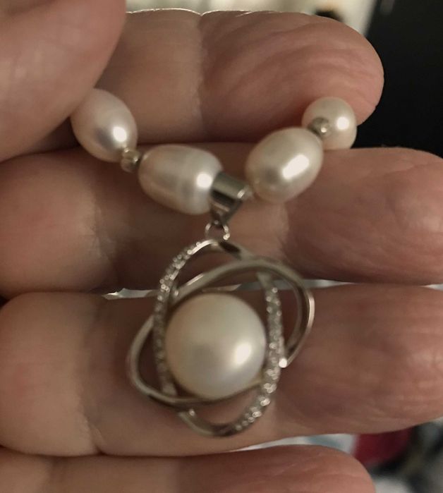 Colier cu perle albe de cultura de 6-8 mm,pandant cu perla si argint