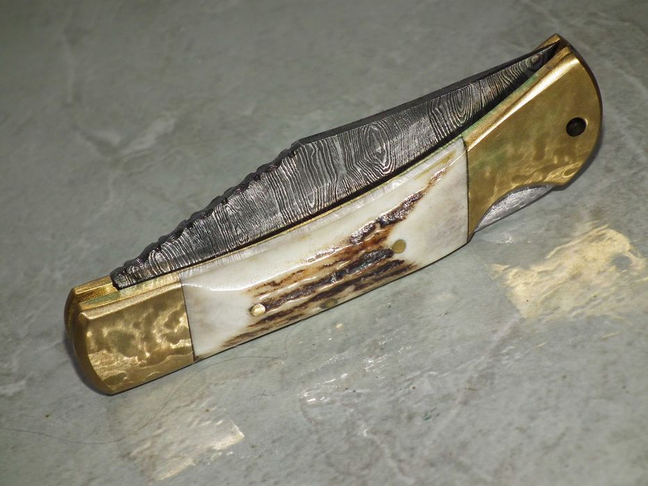 Briceag handmade stil Buck 110 plásele corn de cerb otel damasc