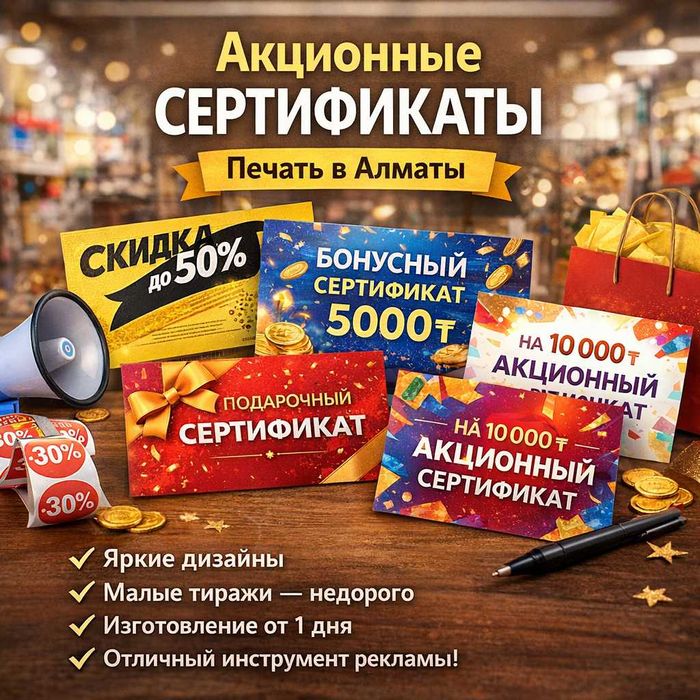 Акционные сертификаты — печать в Алматы
