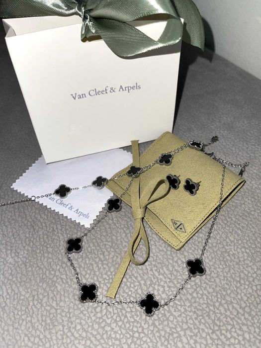 ван клиф сет бижута сребърни с черна детелина комплект van cleef колие