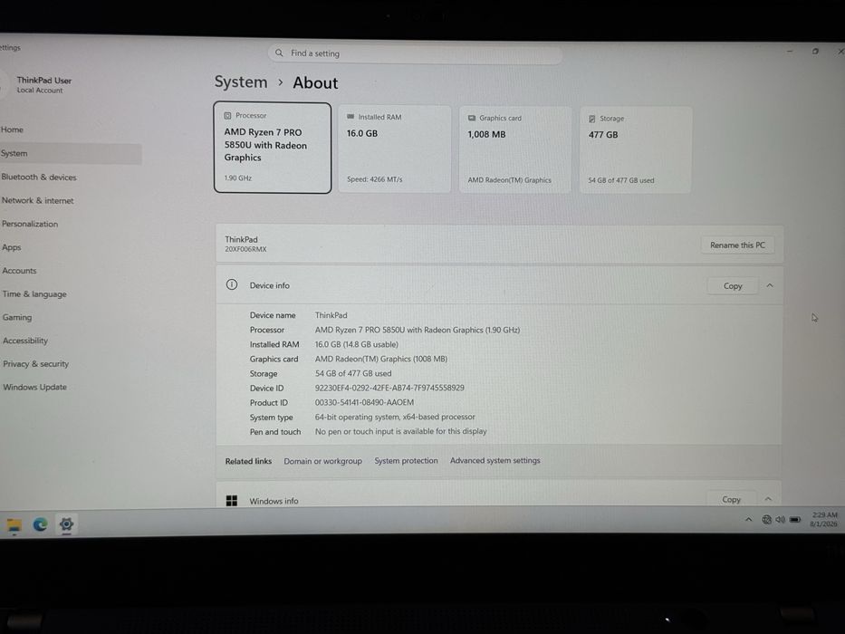 Като Нов 14'FHD IPS  Ryzen 7 Pro-5850u  Thinkpad T14s Gen 2  16GB LPDDR4x  512GB
