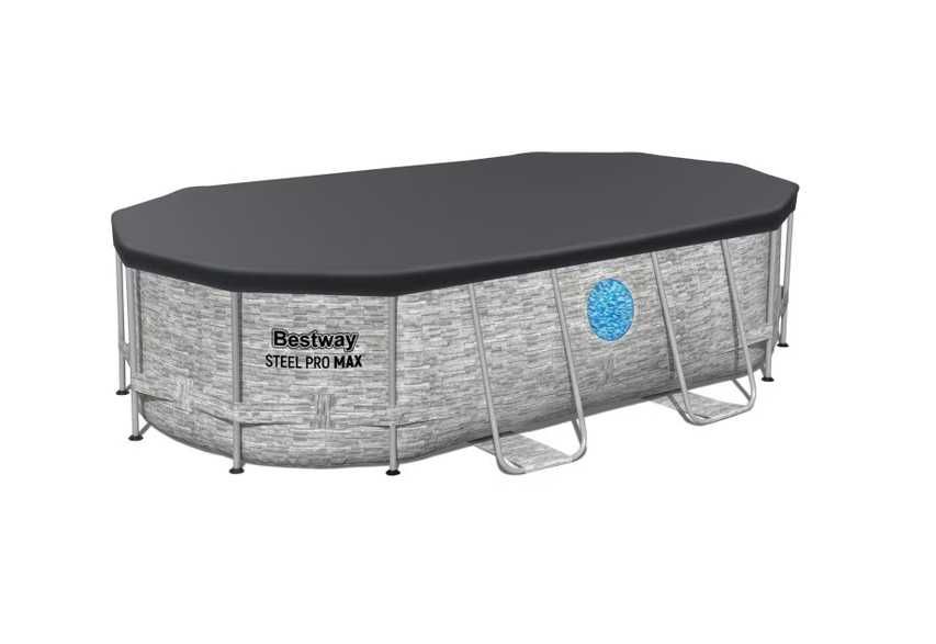 Piscina ovala Bestway, Steel Pro MAX Splashview Frame, cu pompa, scara, si prelata, cadru metalic, gri, 427 x 250 x 100 cm