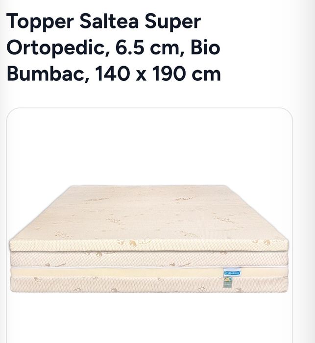 Saltea Super Ortopedic, 6.5 cm, Bio Bumbac, 140 x 190 cm