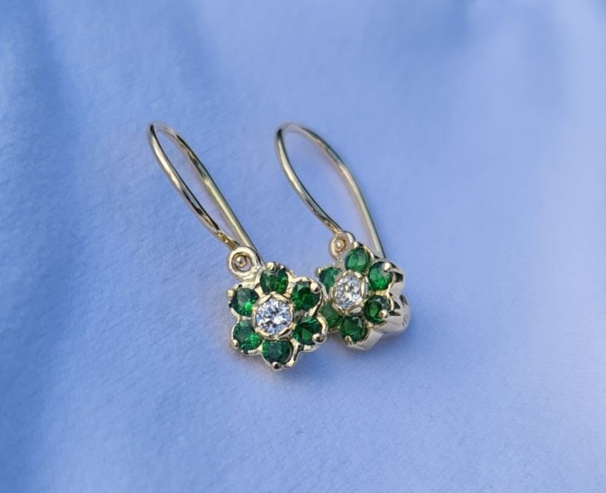 Cercei aur galben 14k diamante și tsavorite naturale