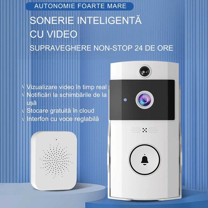 Sonerie Video Wireless Smart cu Camera HD, Panou Solar si Carcasa Protectie WiFi Detectie Miscare, Notificari, Night Vision, Water Resist, 38 Tonuri