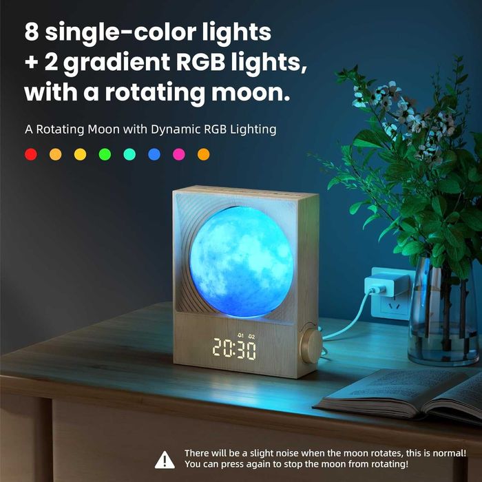 Lampa Luna Rotativa cu Alarma Sunrise Ceas Digital RGB Sunete Natura