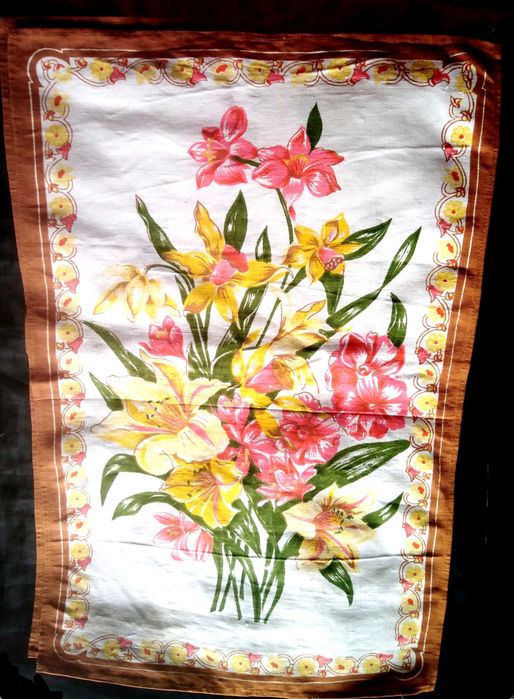 Ștergar / Fata de masa țesut manual din in și canepa, cu model floral prin tesatura, f frumos lucrat