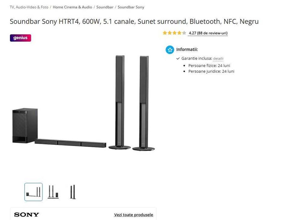 Soundbar Sony HTRT4 600W; 5.1 canale; Sunet surround; Bluetooth; NFC; Negru