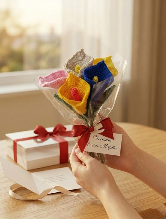 Ръчно плетени букети за 8-ми Март