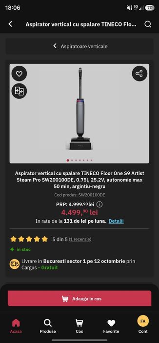 Aspirator vertical cu spalare TINECO Floor One S9 Artist Steam Pro