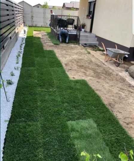 Amenajare Profesională cu Gazon Rulou Tăiat la Zi