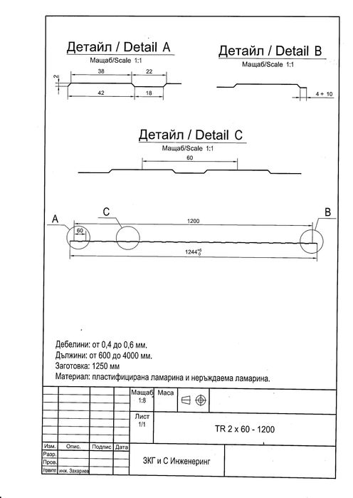 Облицовъчна пластифицирана трапецовидна ламарина TR2x60-1200