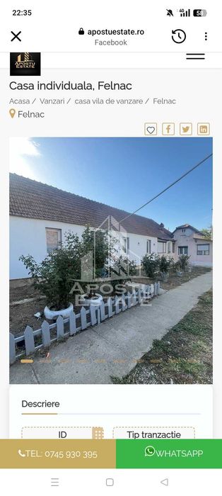Casa de vânzare în Felnac pe principipala