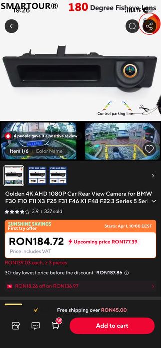 Cameră de marșarier auto Golden 4K AHD 1080P pentru BMW Seria 3 / Seria 5 și alte modele compatibile, cu Night Vision
