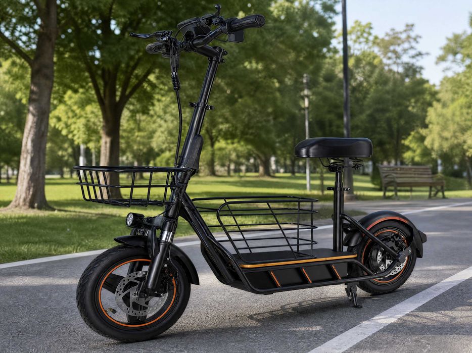 Trotineta electrica noua cu scaun si 2 cosuri, roti 14 inch, 600W