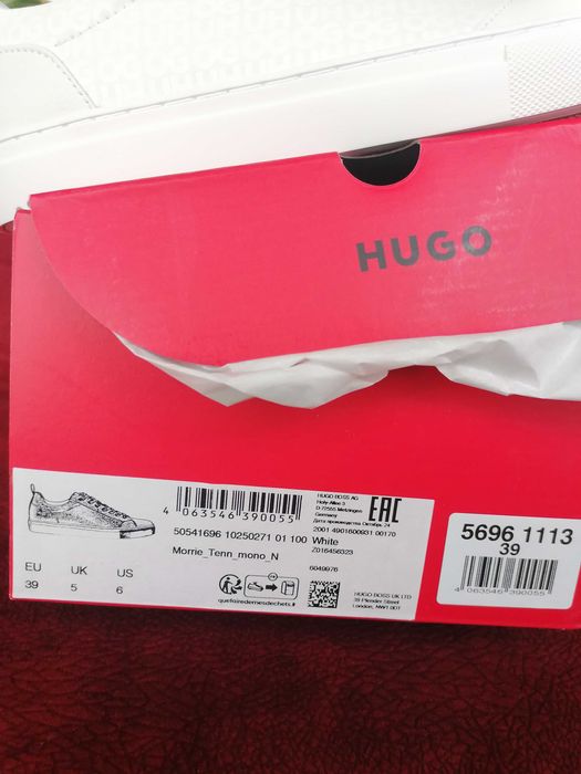 ADIDASI HUGO BOSS - PANTOFI SPORT TENESI SNEAKERSI piele ecologica model Morrie Tenn Alb casual elegant, marimea 39 dar e 40, noi in cutie - ORIGINALI