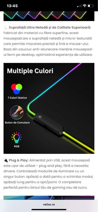 Mouse pad Xxl ROHS 90x40 cm cu iluminare prin cablu Usb