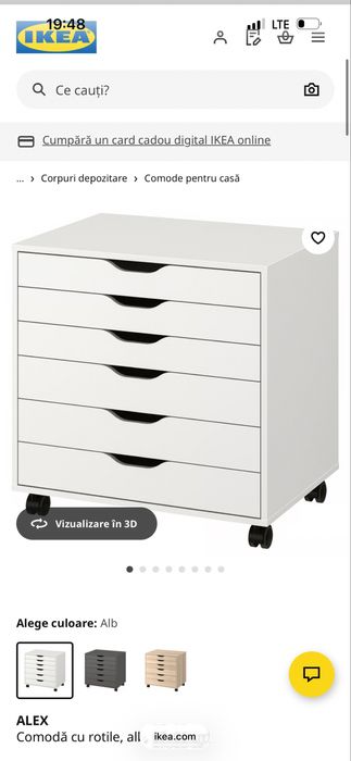 Comoda / mobila cu sertare ALEX alb cu rotile