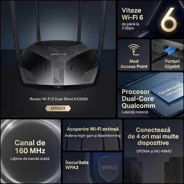 Router Wireless Gigabit Mercusys MR80X AX3000 WI-Fi 6 garantie nou sigilat