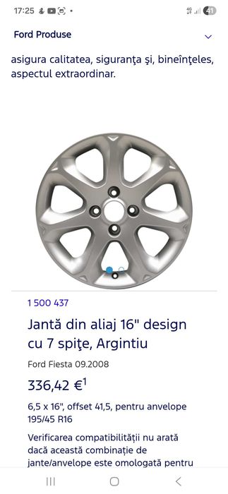 Set Jante Ford aliaj 16" design cu 7 spiţe,pentru anvelope 195/45 R16