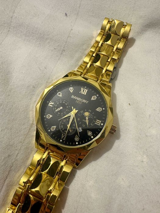 Ceas barbatesc Banbony Elegant, Otel Inoxidabil AURIU, cadran Negru