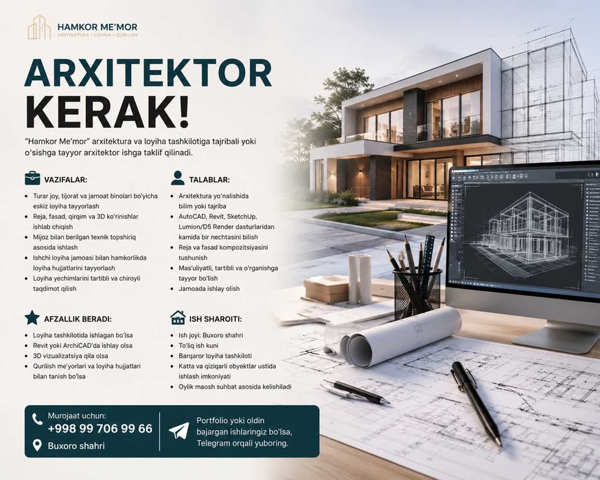 Arxitektorlarni ishga qabul qilamiz
