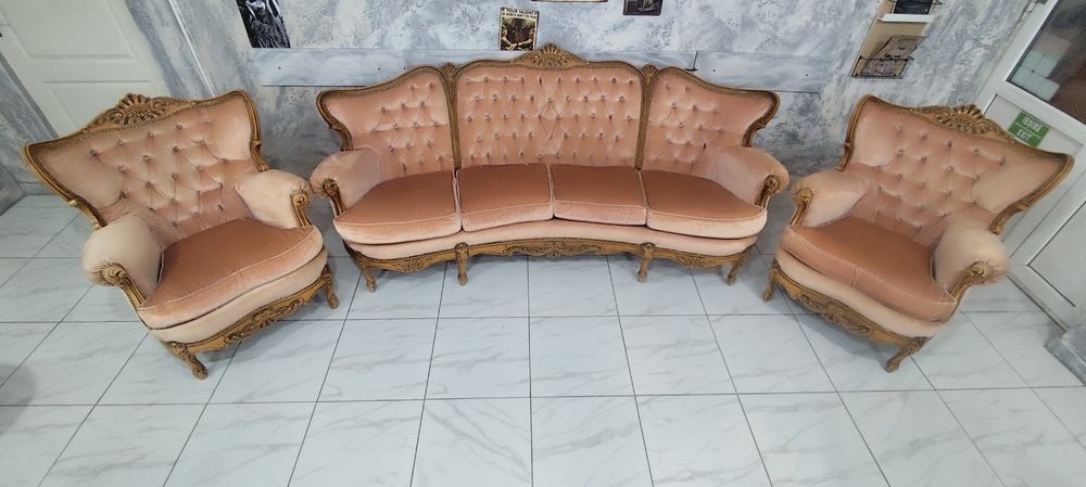 Set salon Ludovic / Baroc din lemn masiv sculptat – canapea 4 locuri + 2 fotolii