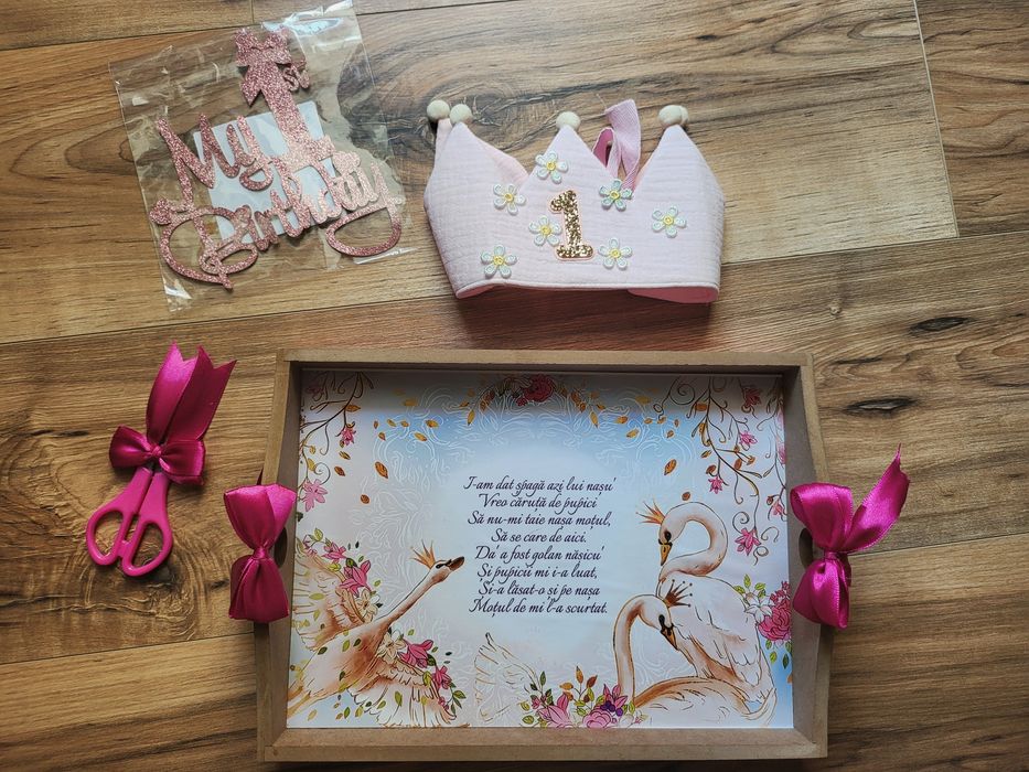 Tavita mot 1 an, turta, cu foarfecă inclusă și text haios + coroniță + deco tort