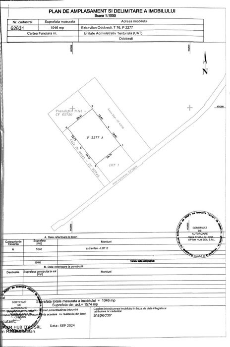 Teren de vânzare – Odobești, jud. Vrancea | 1.046 mp