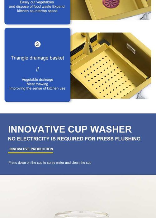 60см Висококачествена мултифункционална кухненска мивка в цвят злато