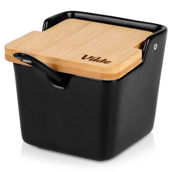 Захарница с лъжица, керамика/бамбук, черна, вместимост 250 мл