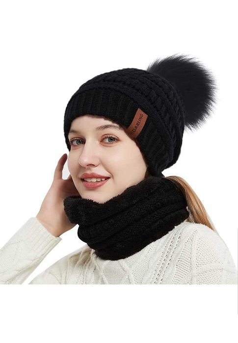 Дамски комплект шал и шапка тъмно синьо и черно