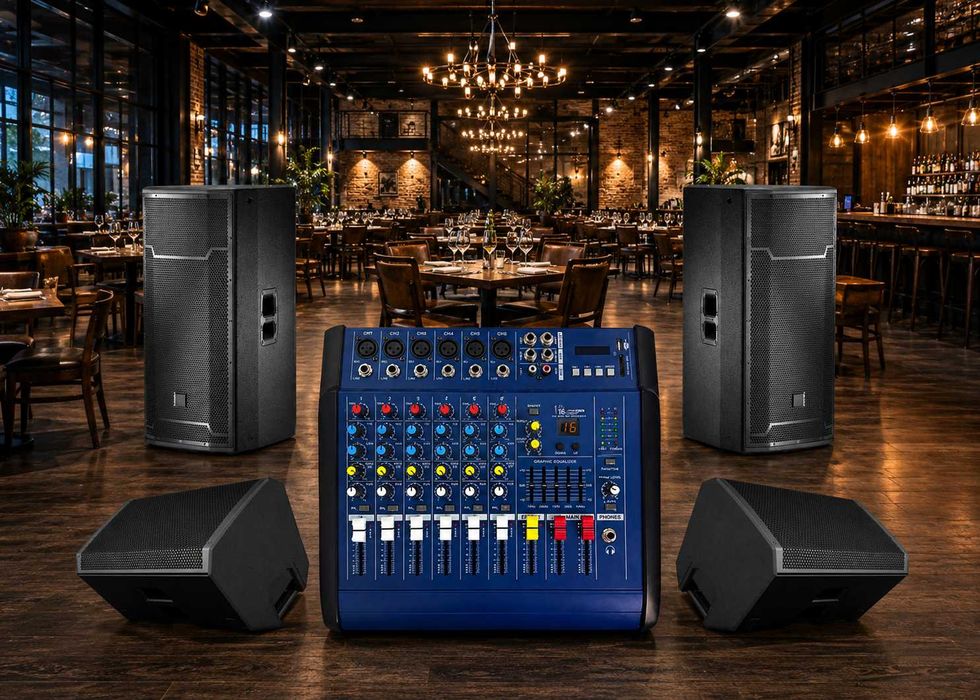 Mixer audio activ 2 x 350W 6 canale Amplificat 16 efecte digital DSP PMX602D USB Bluetooth Egalizator