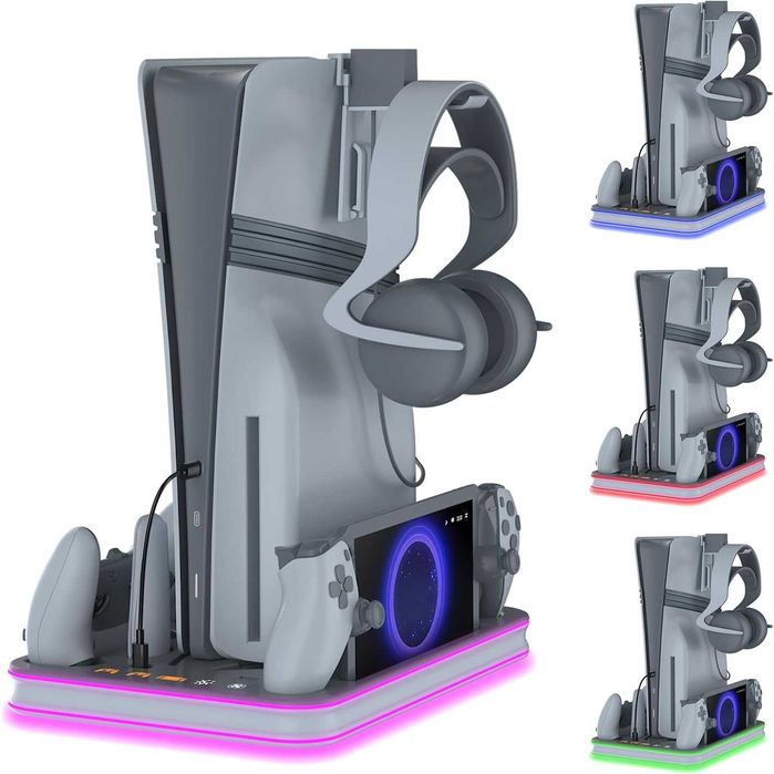 Докинг станция охлаждаща за PS5, RGB LED, стойка за слушалки, сива
