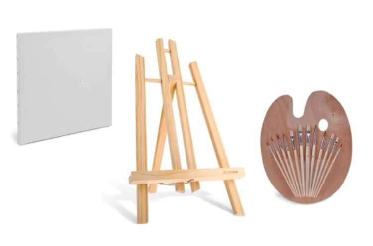 Set pictura Sevalet 40 cm + 3 Panze canvas + Paleta cu 12 pensule