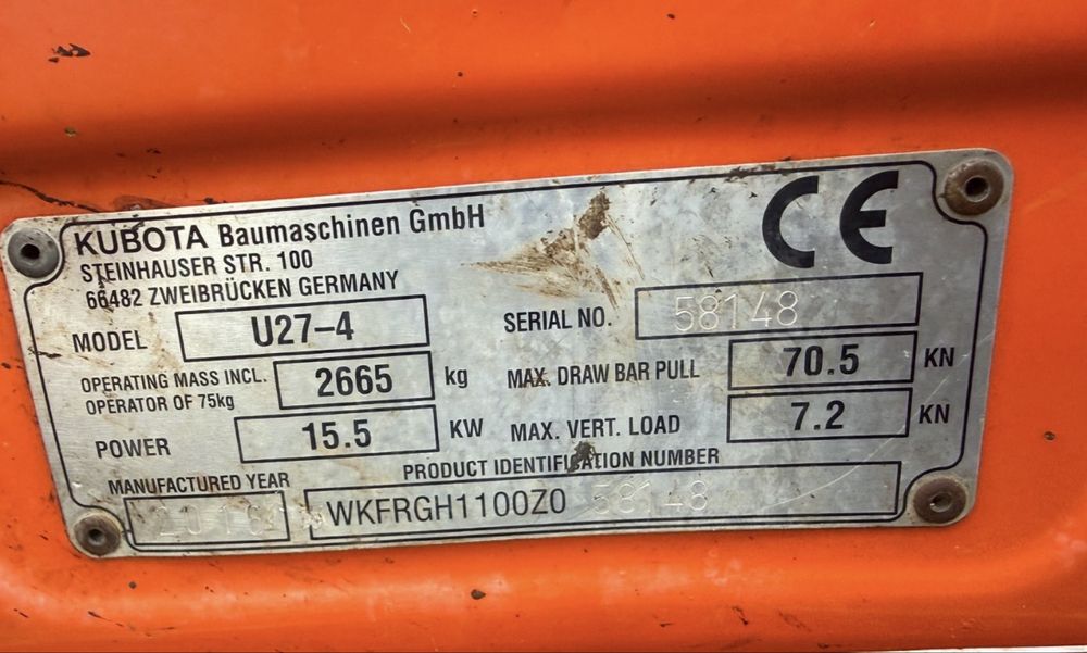 Mini excavator Kubota U27   2016   1730 ore