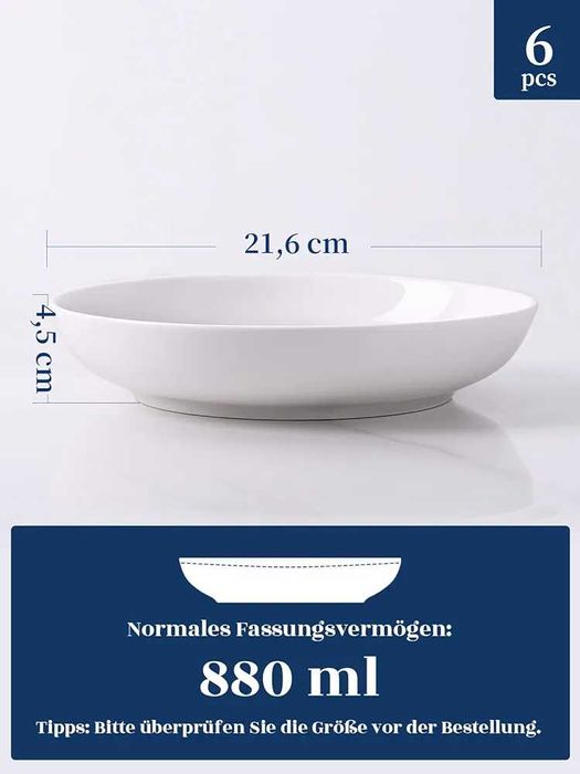 6 чинии за салата и паста, бели, 880 мл