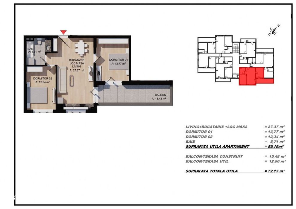 Apartament 3 camere, 60mp utili, terasa, zona Eroilor, Floresti — fotografia 1