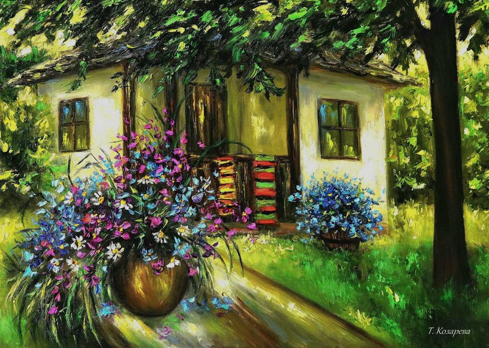 Картина, Принт върху хромирана хартия, Селска къща, Пейзаж, Цветя