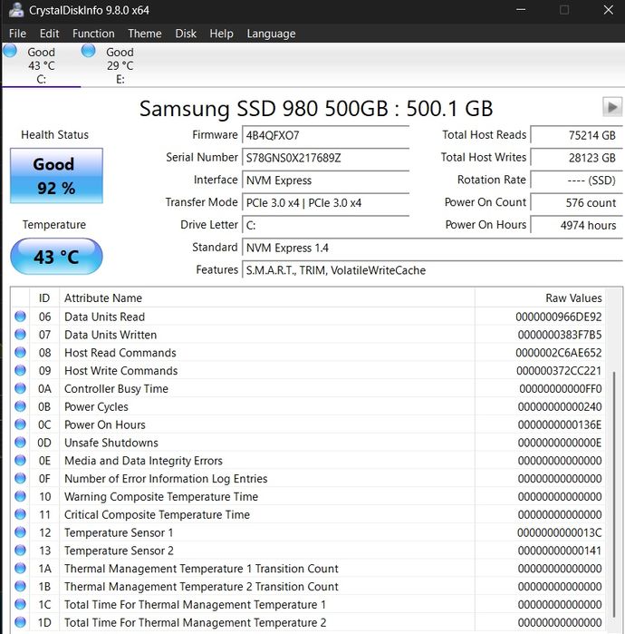 SSD Samsung 980 500GB NVMe PCIe – Health 92% – Testat