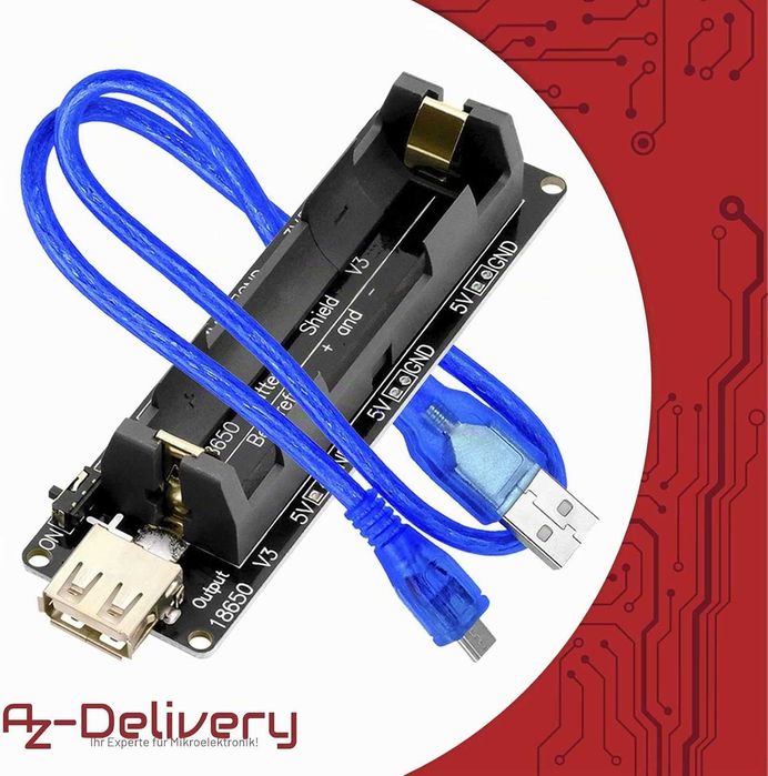 AZDelivery Разширителен щит за батерия, 18650, V3, с USB кабел