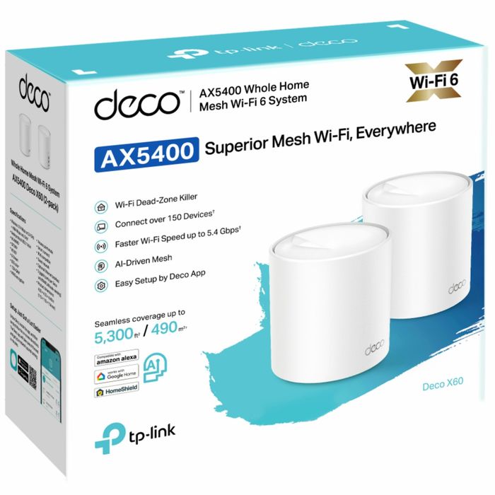 TP-Link Deco X60 V3.20 (2-pack), AX5400, Dual-Band, Wi-Fi 6, AI-Driven