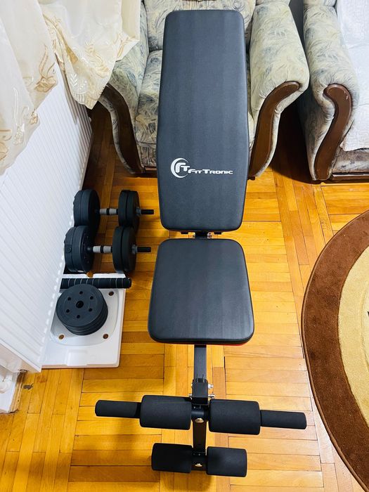 Set Haltere și Gantere cu Bancă Reglabilă FitTronic + Discuri Greutăți
