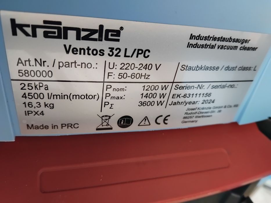Прахосмукачка Kranzle Ventos 32 L/PC 3600Watt Контакт Тупалка Сухо Мокро Строителство