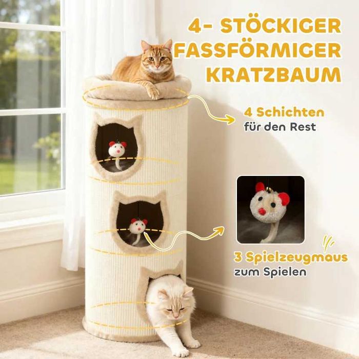 PawHut Котешка драскалка за котки, 96 см, 4-етажна котешка кула с миещо се легло